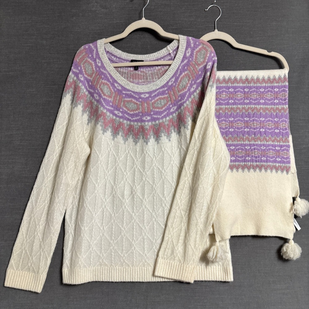 Talbots Sweater XL Cream Purple Wool Alpaca Fair Isle Cable Knit Scarf Match Set